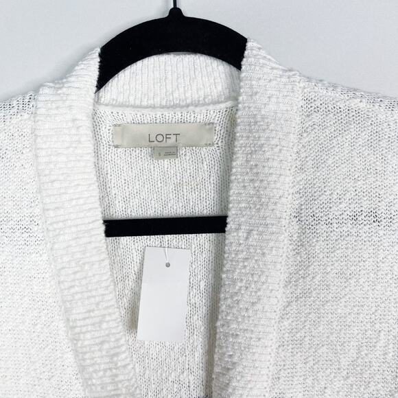 New LOFT S White Navy Blue Striped V Neck Pocket Long Cardigan Sweater Cotton - Picture 6 of 12